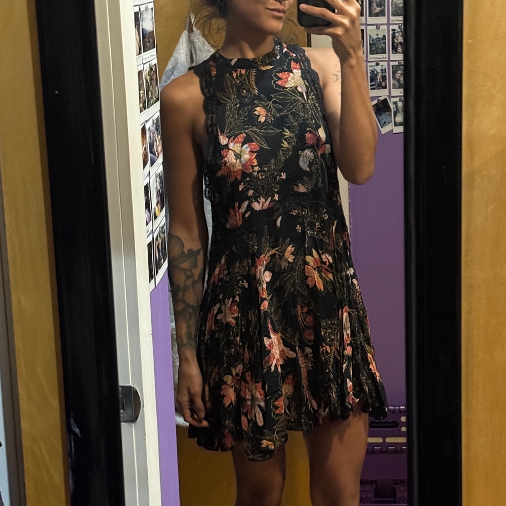 Free People Black Floral Lace-Trim Mini Dress
